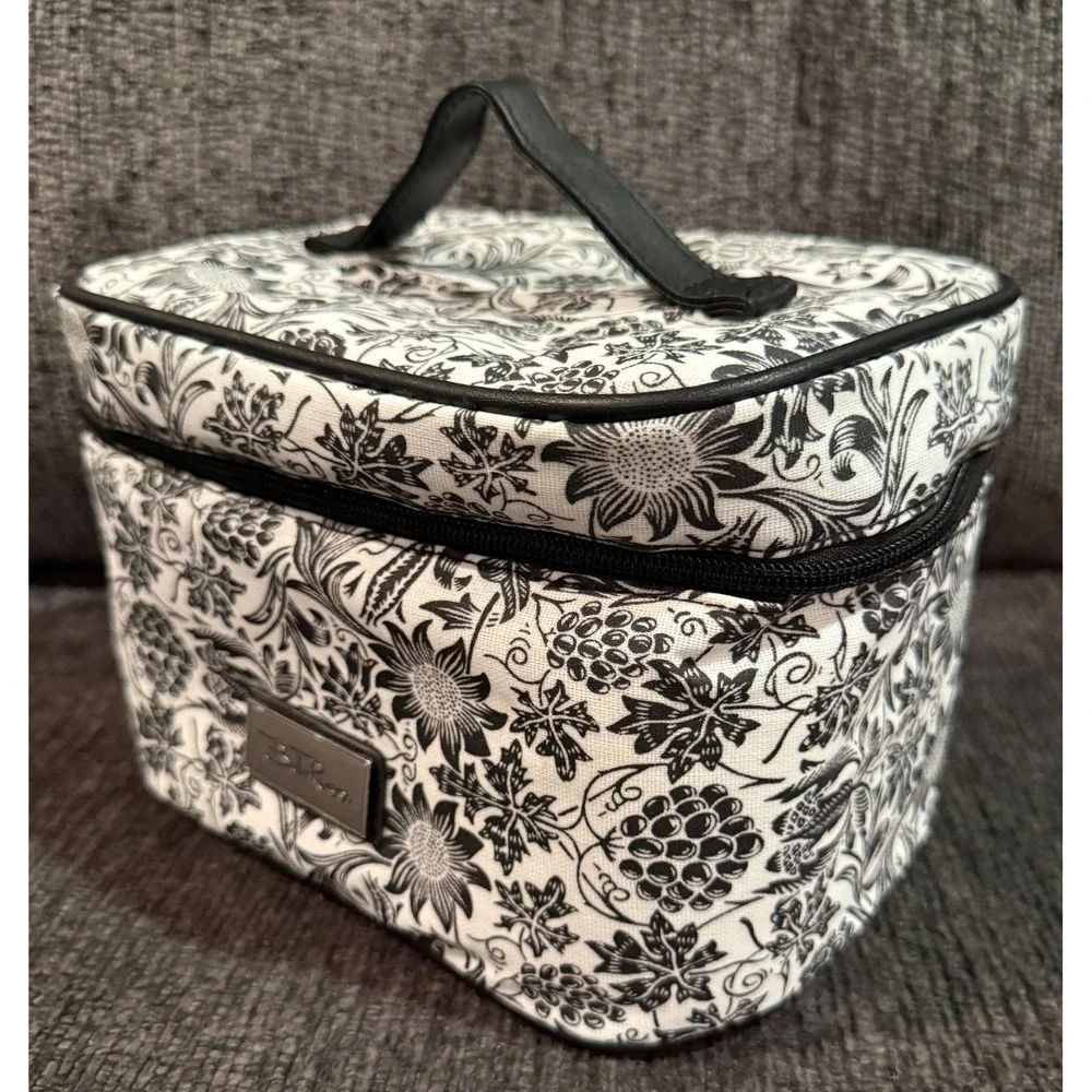 Bella Russo Makeup Bag  Black White Floral Design Zipper Closure Handle Charms